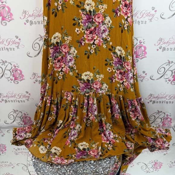 Mia joy dress long ruffle hem flowers crochet lace details Floral Mustard Dress - Picture 4 of 16